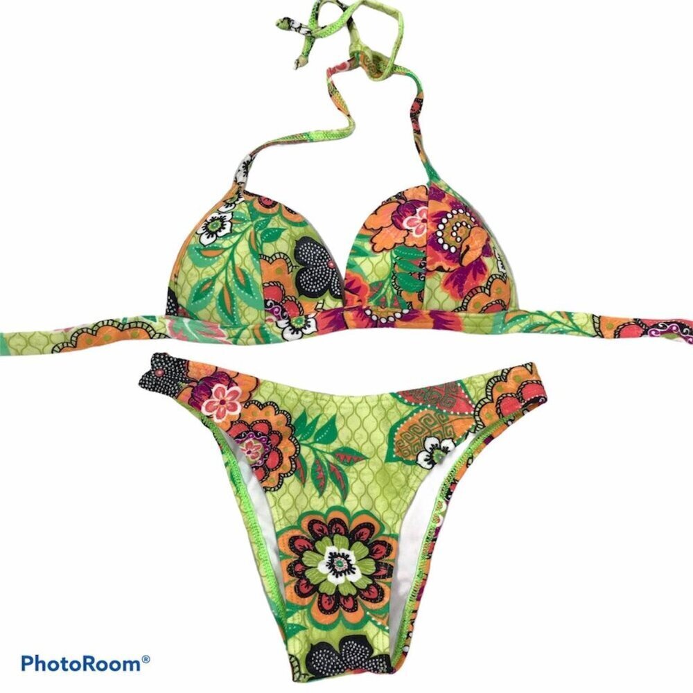 Recco Size Medium Brazilian Green Bright Tropical Print Bikini Set. New With Tag